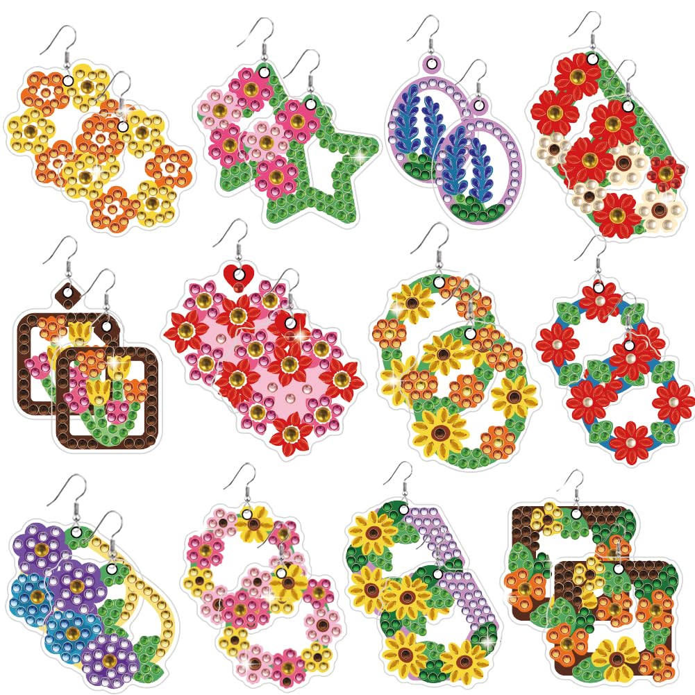 BEUNITONE Floral Wreath Diamond Art Earring Making Kits, Blossom and Leaf Design Crystal Art Earrings Romantic Style Jewellery Making Kits for Women Birthdays Holiday Gift