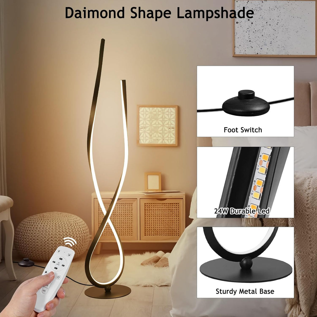 NUÜR Spiral Floor Lamp, 59" Tall Black LED Modern Standing Floor Lamp with Remote Control, Arched Bright Floor Lamps for Living Room Bedroom Office Home (Spiral Floor Lamp)