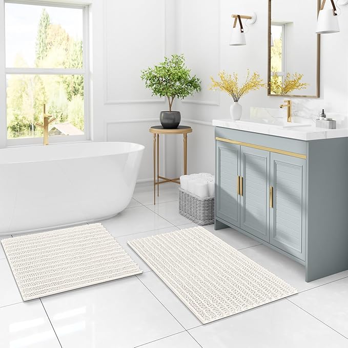 Arotive Luxury Chenille Bathroom Rug Mat, Extra Soft Thick Absorbent Shaggy Bath Rugs, Non-Slip Machine Wash Dry, Plush Bath Mats for Bathroom, Shower and Tub, 30x17, Ivory