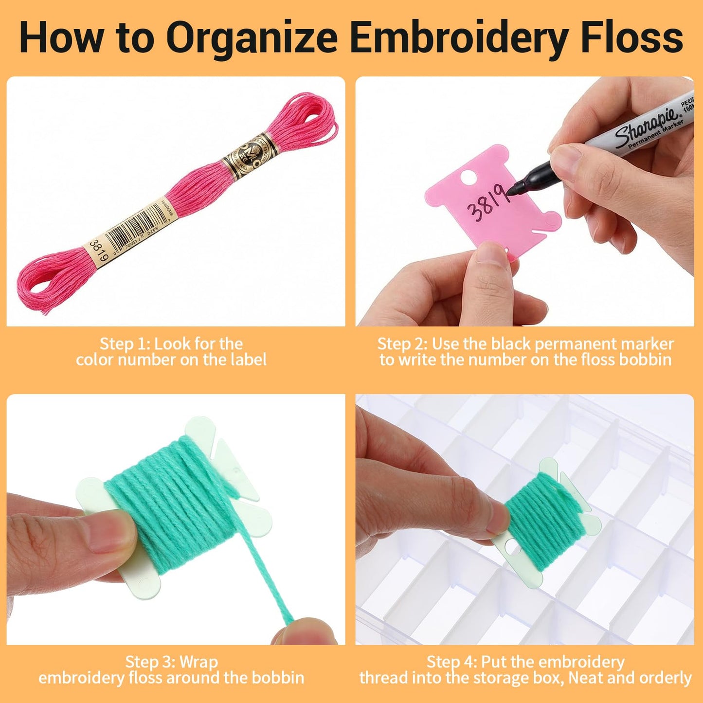 Complete Embroidery Floss Organizer Kit: 2 Removable 24-Grid Thread Storage Boxes with 300 Bobbins, 2 Winders & Labels - Ultimate Embroidery Thread Organizer for Cross Stitch & DIY Crafts