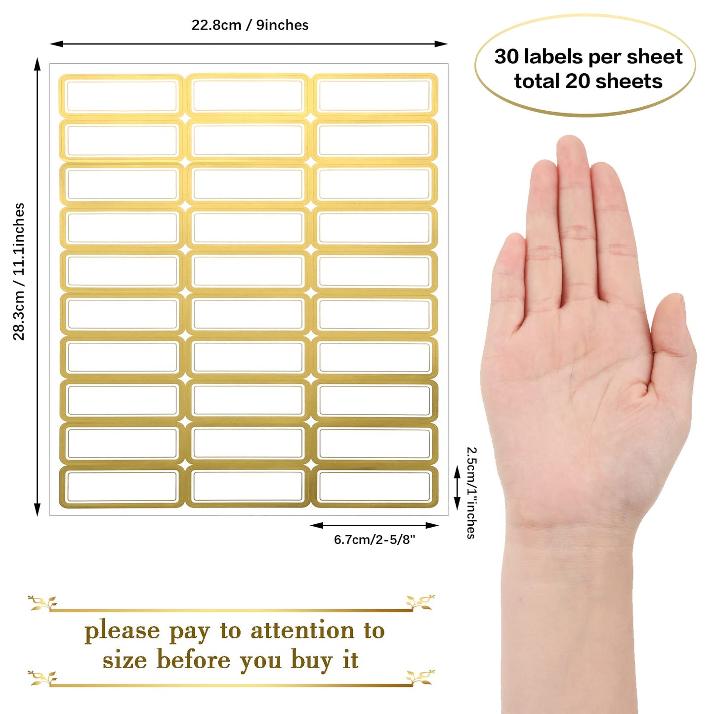 20 Sheets Printable Shipping Labels Matte White with Metallic Gold Border, Writable Printable Adhesive Sticker Blank Shipping Labels(30 Pieces/Sheet,1 x 2.7 Inch)