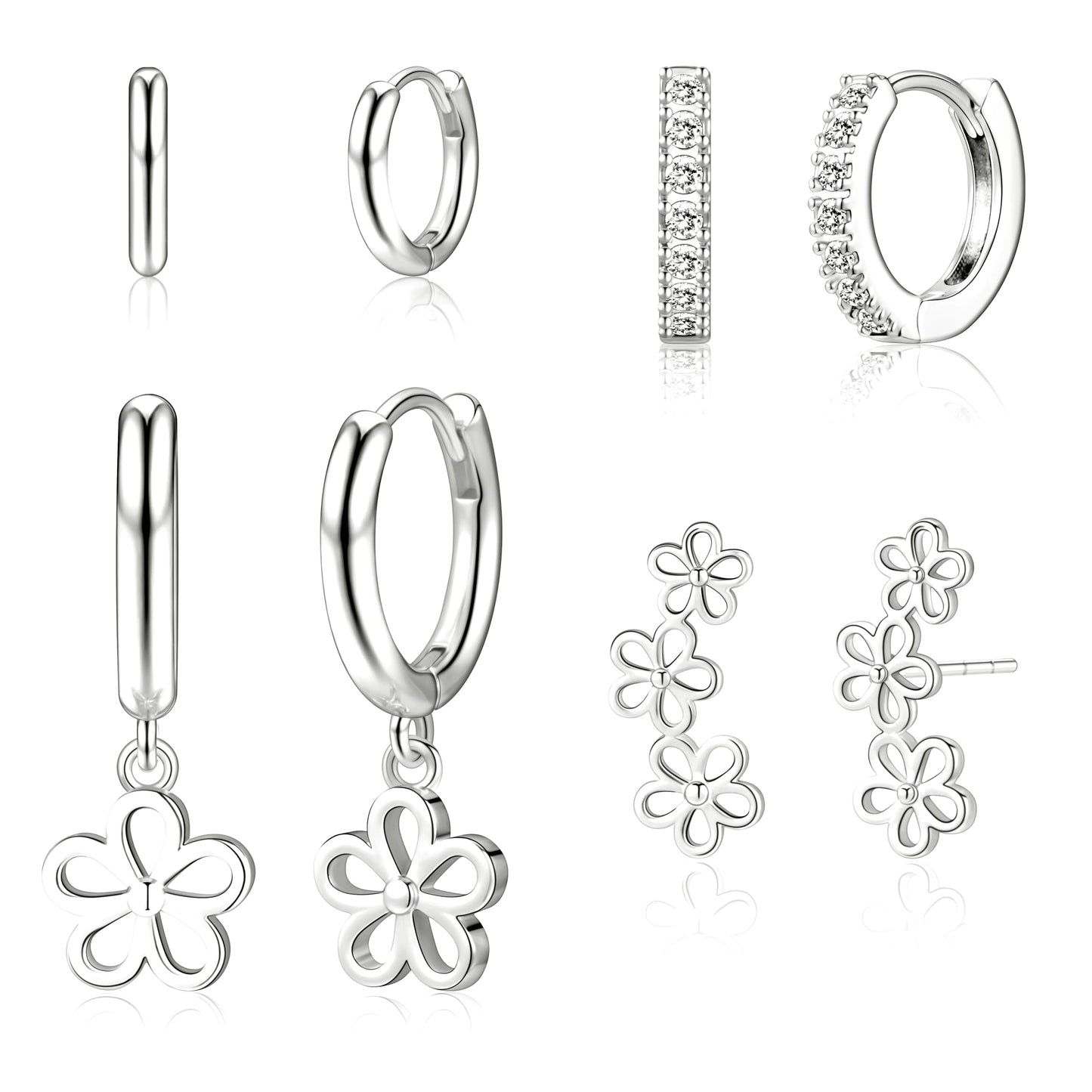 Flower Earrings for Women,Huggie Small Stack Cartilage Stud Hoop Silver Earring Sets for Multiple Double Piercing, Conch Helix Rook Tragus Daith Piercing Silver Clip On Jewelry Set Gifts