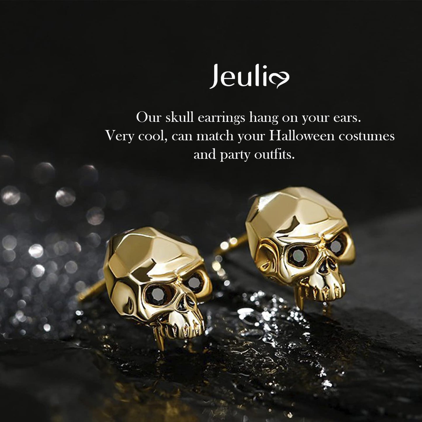 Jeulia Sterling Silver Skull Studs Punk Drop Earrings Gothic Skeleton Jewelry Dangle Hoop Black Piercing Earrings Diamond Gift for Women Men Girlfriend Daughter with Gift Box (Dark Phantom)