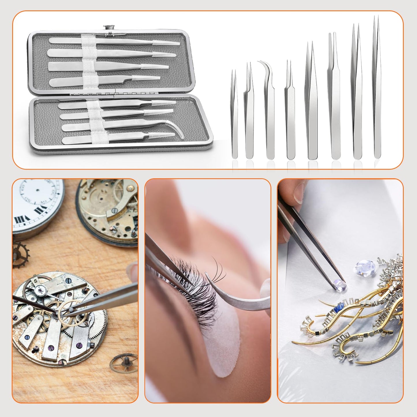 Precision Tweezers Set, 8PCS Stainless Steel Tweezers, soldering tweezers,for Craft, beauty care、Electronics, Soldering, Experimental Work, Jewelry-Making