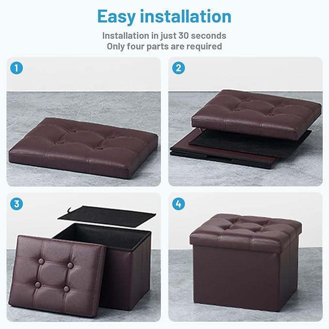 Storage Ottoman Foot Rest Stool, Small Leather Storage Ottomans Bench, Folding Footstool with Side Pockets, Foot Rest Under Desk for Living Room Bedroom, 16x12x12 in, Brown