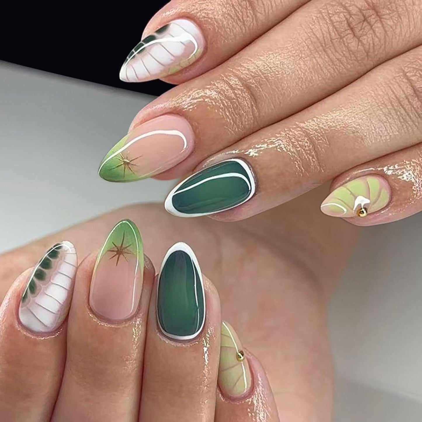 Spring Press on False Nails Green French Tip Fake Nails Medium Almond Glue on Nails with Marble, Gold Star Designs Glossy Press ons Stick on Nail for Women Manicure 24Pcs