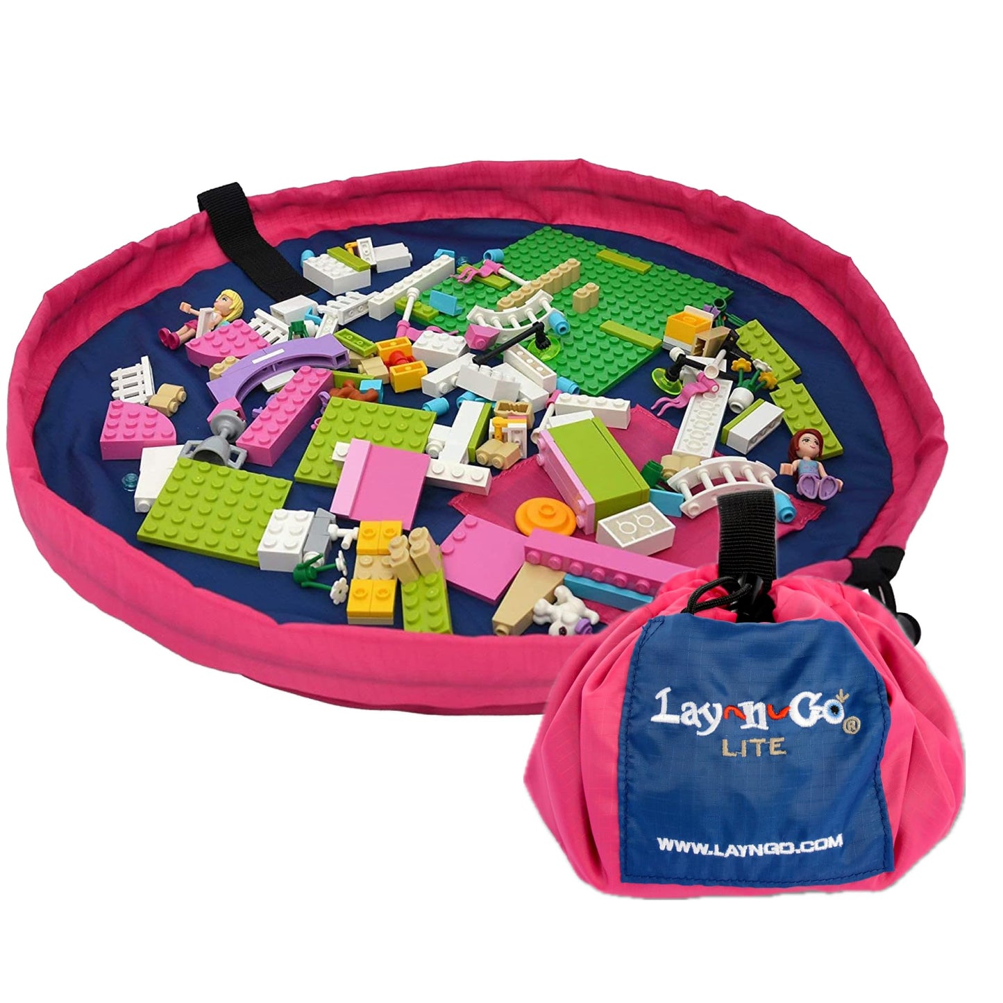 Lay-n-Go Layflat Portable Drawstring Cinch Storage Toy & Mini Figures Organizer & Play Mat, Mesh Pockets, Home & Travel, Kids & Toddlers Playdates, 2 Straps for Backpack, Durable, Machine Washable