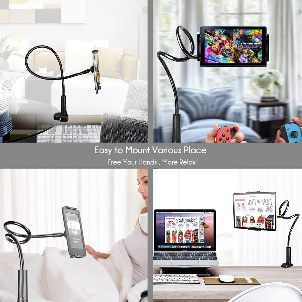 Gooseneck Tablet Phone Holder | Kindle Stand Holder for Bed | 33in Flexible Long Arm Clamp Clip Mount for iPhone, iPad, Switch, Galaxy Tabs, Kindle Fire, 4.7''-11'' Tablet Devices