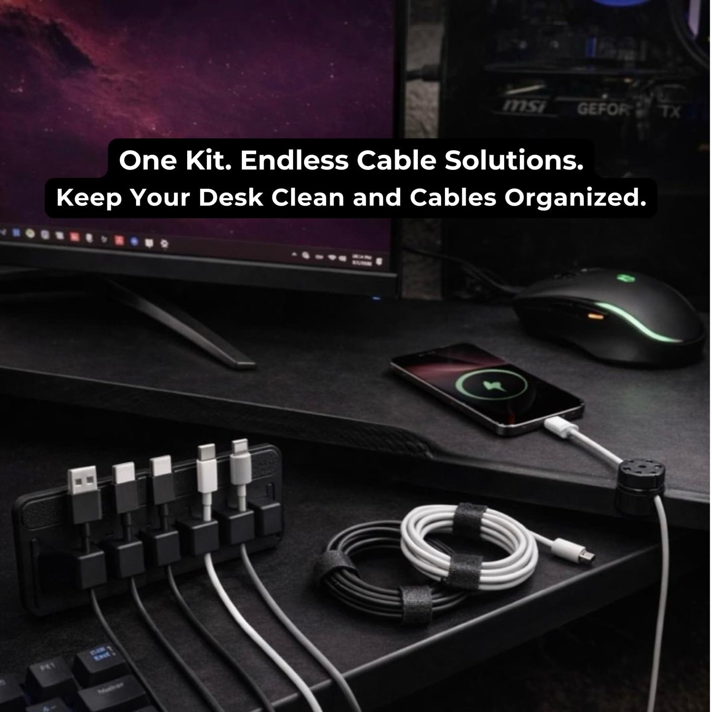 Magnetic Cable Organizer Kit (17-Piece) – Desk Cable Management Set with Magnetic Base & Adhesive Clips – Holds 6 Cables – Reusable Cable Ties for Office, Home & Gaming Setup