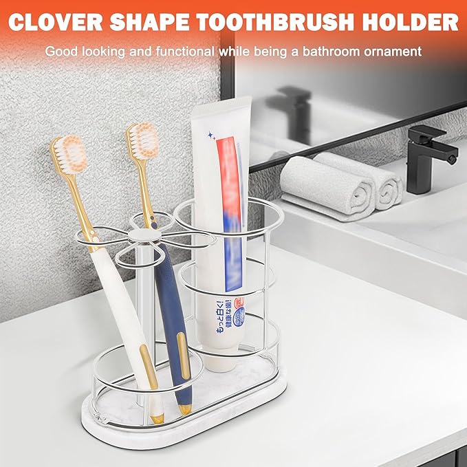 HarJue Toothbrush Holder Stand for Bathroom, Metal Toothbrush Organizer with Marble Base, Toothbrush Storage Collection for Family, Suitable for Home Hotel Countertop Vanity (Medium, Chrome Finish)