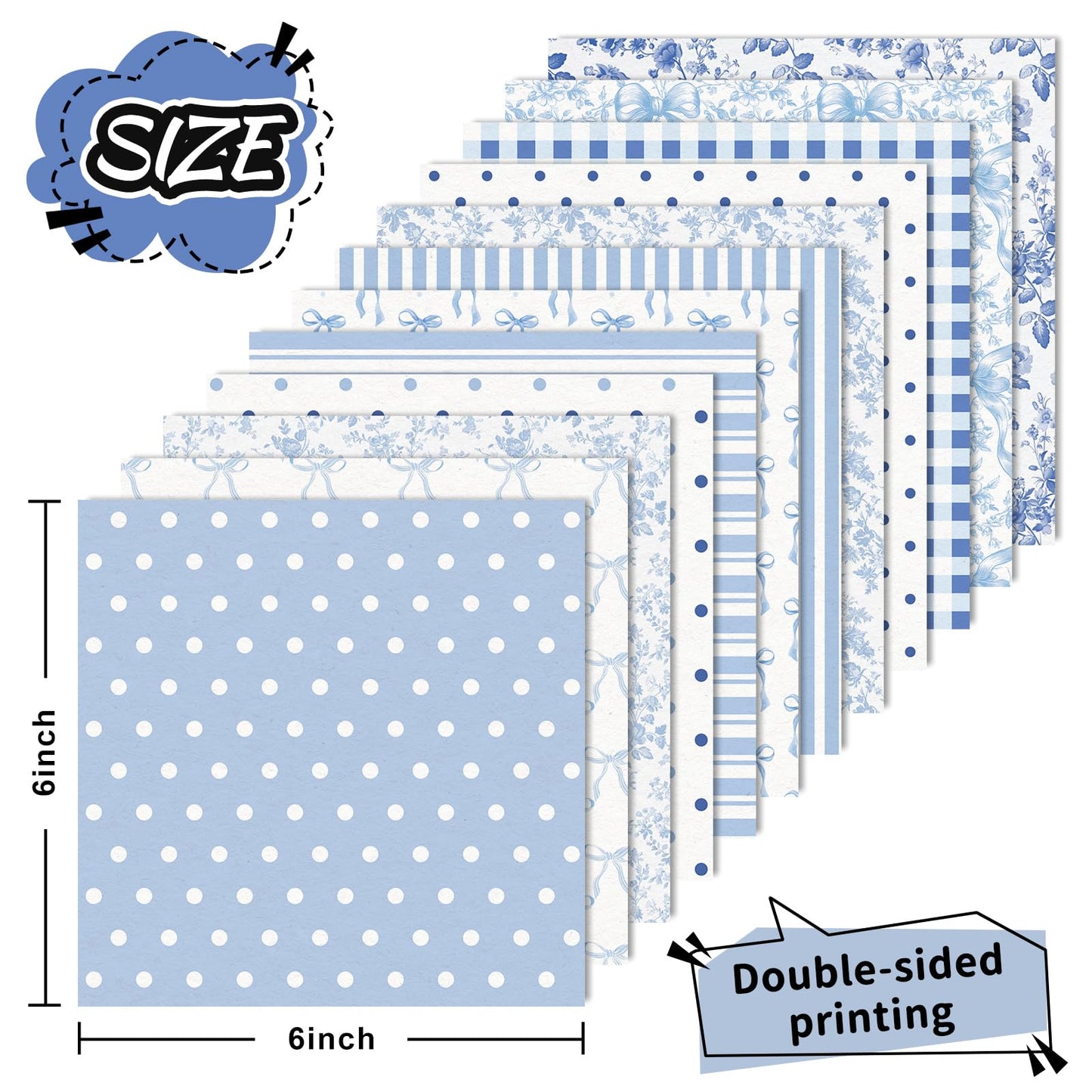 Whaline 24 Sheets Bow Floral Pattern Paper Blue Flower Stripe Dot Scrapbook Spring Specialty Paper Double Sided for DIY Crafts Card Making Photo Album Decor, 6 x 6 Inch