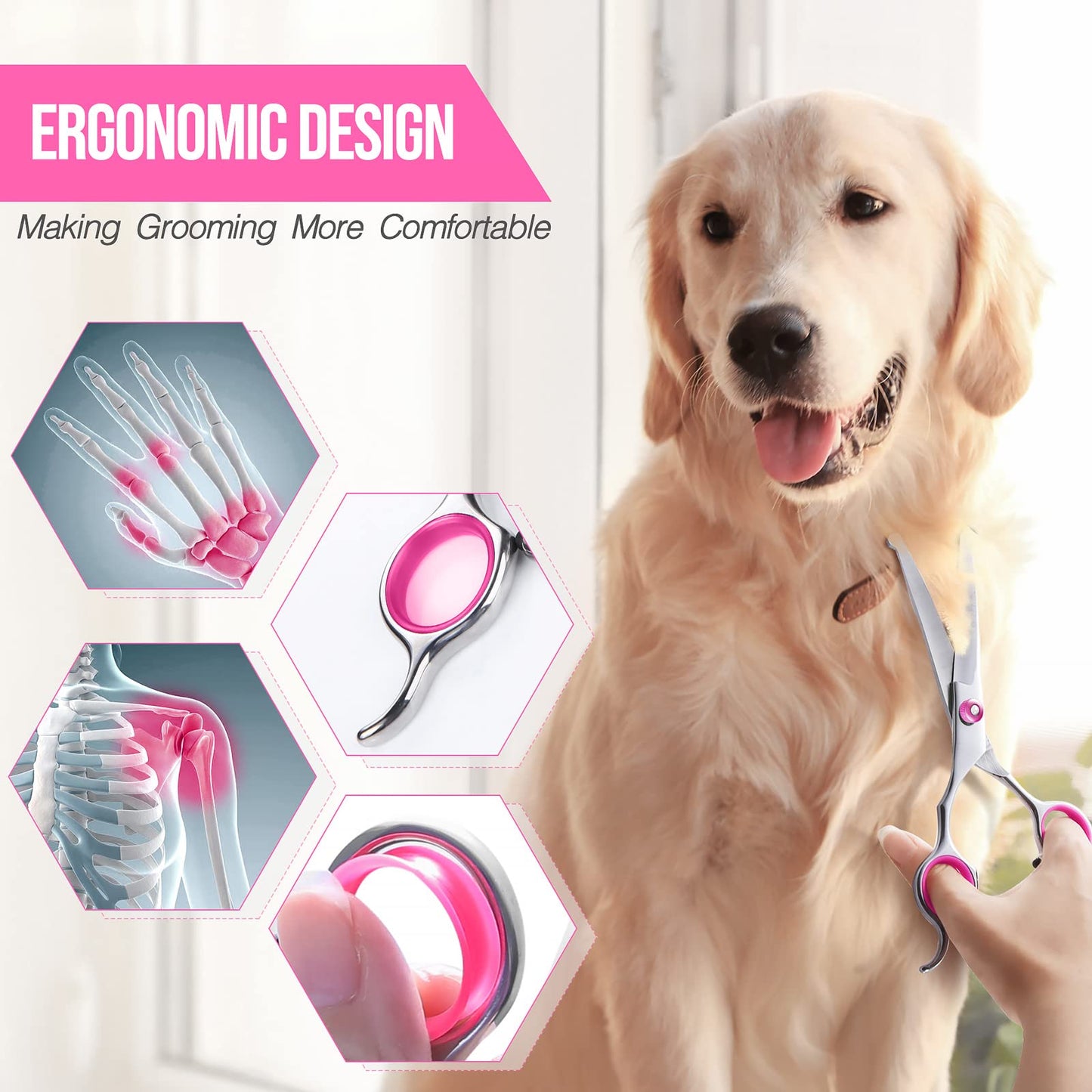 Gimars Dog Grooming Scissors Kit Professional 4CR with Safety Round Tip, 5 in 1 Heavy Duty Titanium Coated Thinning & Curved & Straight Shears