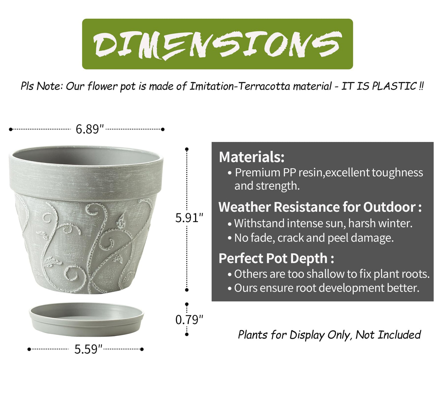 Melphoe Plant Pots Indoor with Drainage & Saucer, 2Pack 7 inch Flower Pots Outdoor Planters for Indoor Plants Garden Home Decor Cactus Succulent, Rigid Plastic (Imitation-Terracotta) Vine-Embossed