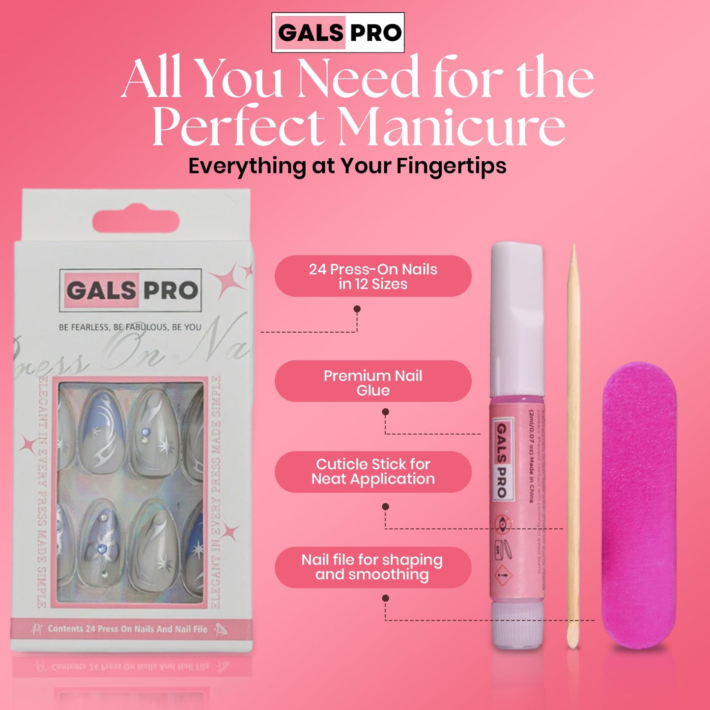 GALSPRO Medium Press on Nails - Set of 24 Fake Nails with Designs in 12 Different Sizes for Perfect Fit, Cute False Nails Kit for Women with 0.07oz Nail Glue, A Double Sided Nail File & Cuticle Stick