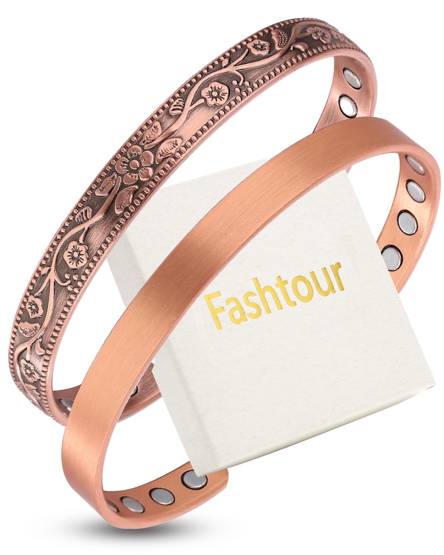 Fashtour Copper Magnetic Bracelets for Men Women,99.99% Pure Copper With 6 & 8 Ultra-Strong Magnets 3800 Gauss, Adjustable Design(2PCS) (Classic and Vintage)
