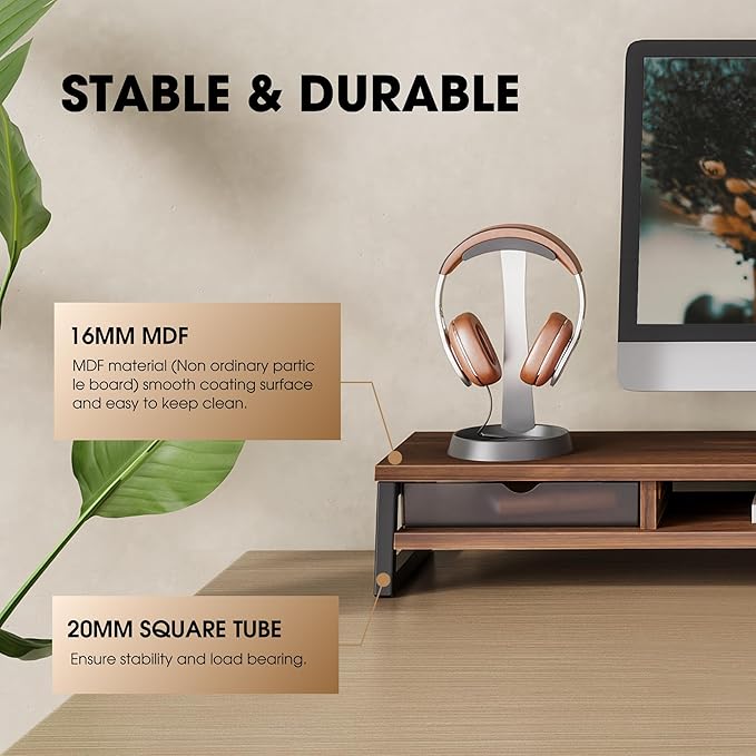 Fenge Dual Monitor Stand, Monitor Riser with Drawer, 42.5 Inch Large Computer Monitor Stand for 2 Monitors, 2 Tier Wooden Desk Shelf for Top of Desk