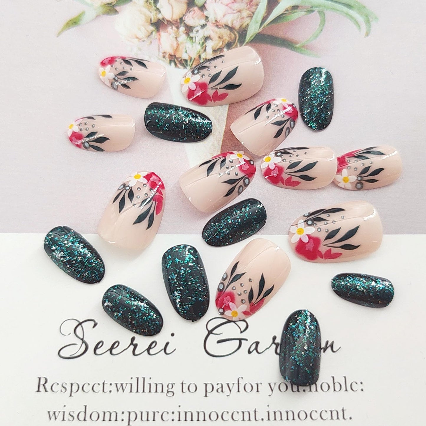 FOLONRAL Short Press on Nails Almond Fake Nails with Floral Patterns Designs Dark Green Glitter Acrylic Nails Nude Full Cover Glue on Nails Glossy Stick on Nails for Women 24 Pcs