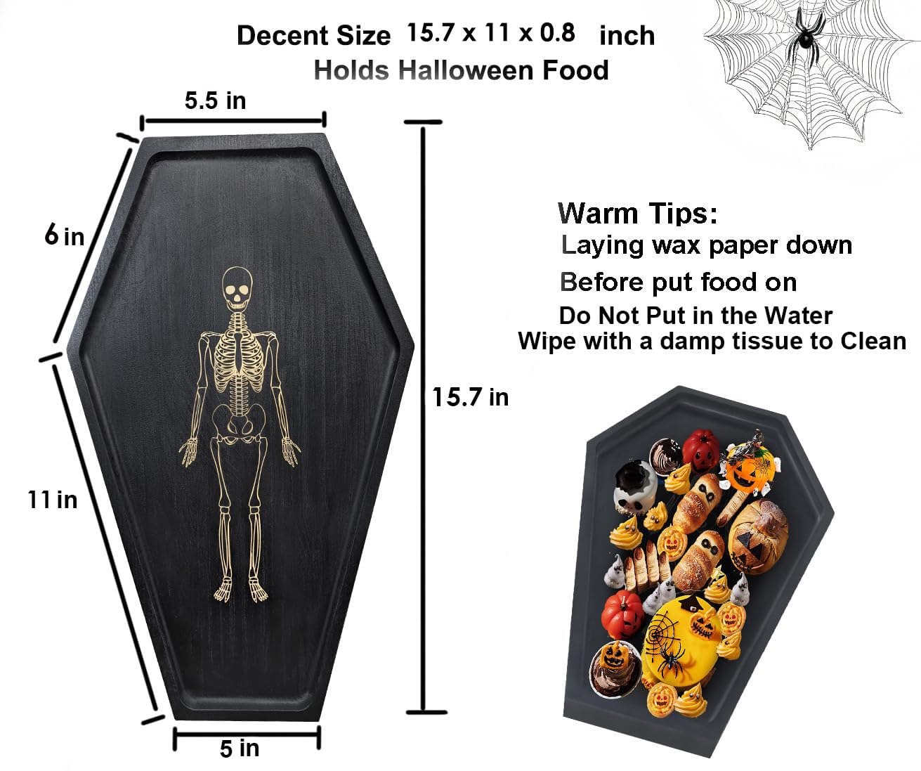 15.7" Solid Wood Coffin Charcuterie Boards with Skeleton Engraving, Halloween Serving Dish Tray, Gothic Cheese Board for Food Fruits Snack, Goth Kitchen Accessories