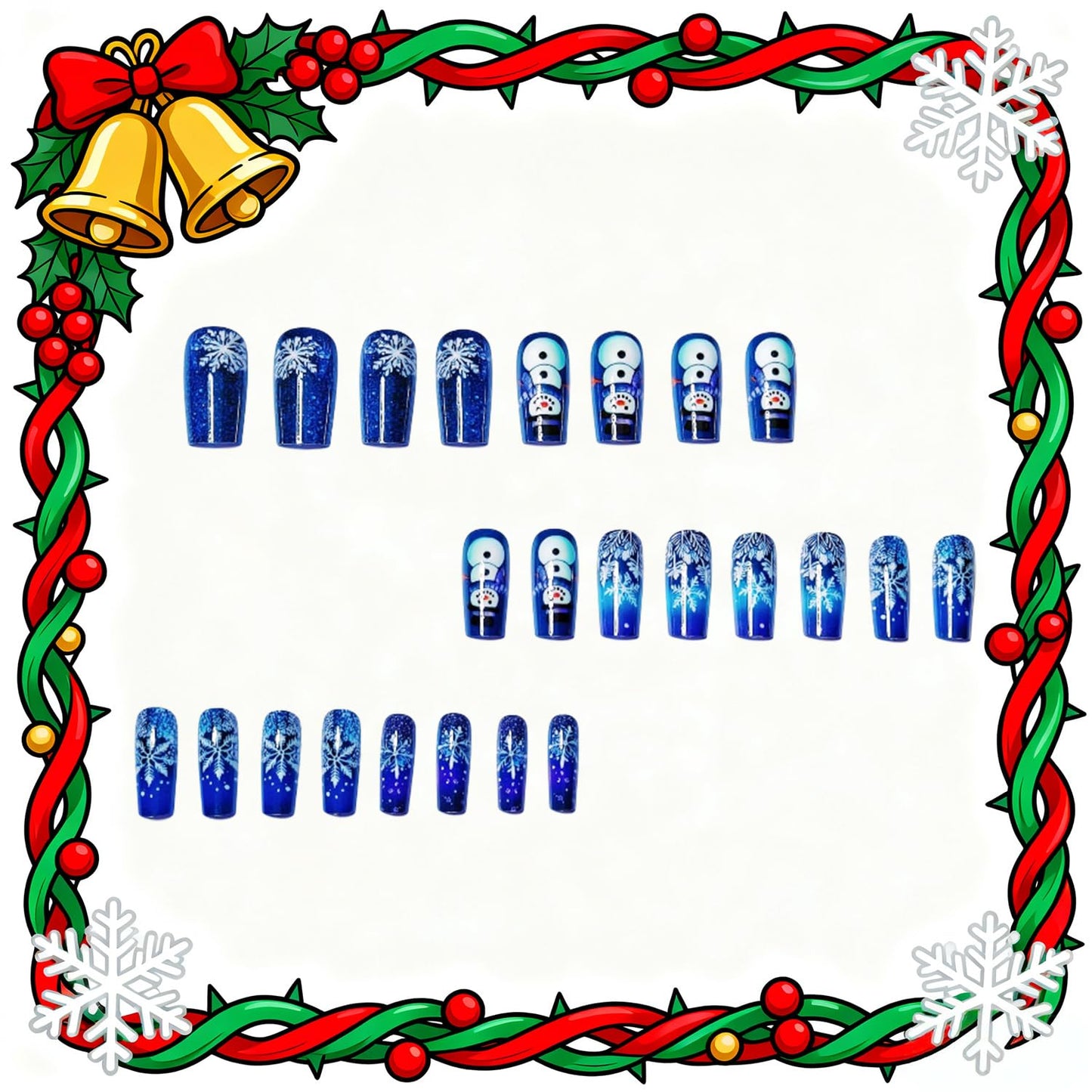 CJDLTS Christmas Press on Nails Medium Artificial Square Acrylic False Nails Gradient Snowflake with Snowman Stick on Nail Full Cover Winter Reusable Coffin Artificial Fingernails for Women Manicure