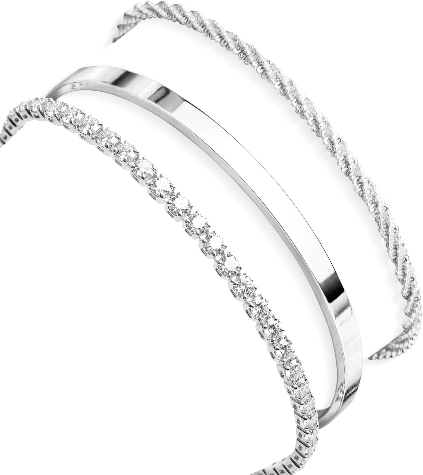 Poxtex Silver Cuff Bracelets Set for Women - 3 Pcs Stackable Open Bangles, Cubic Zirconia Tennis, Stardust & Thin Polished Band, Non Tarnish Stainless Steel Jewelry Gifts