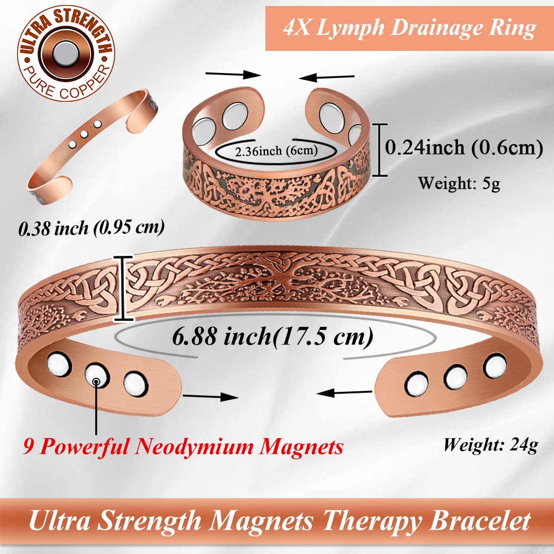 Cigmag Copper Bracelets for Women and Copper Ring Tree of Life Pattern Cuff Bangle Strength Magnets Adjustable