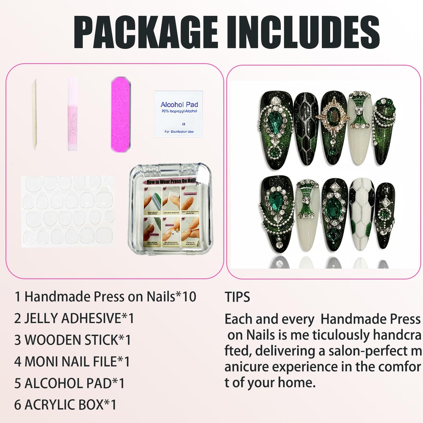 Handmade Green Gemstone Press On Nails long Coffin Reusable Stick On Fake Nails Luxury Elegant Sexy Style For Women Gift With Nail Glue Red Black M