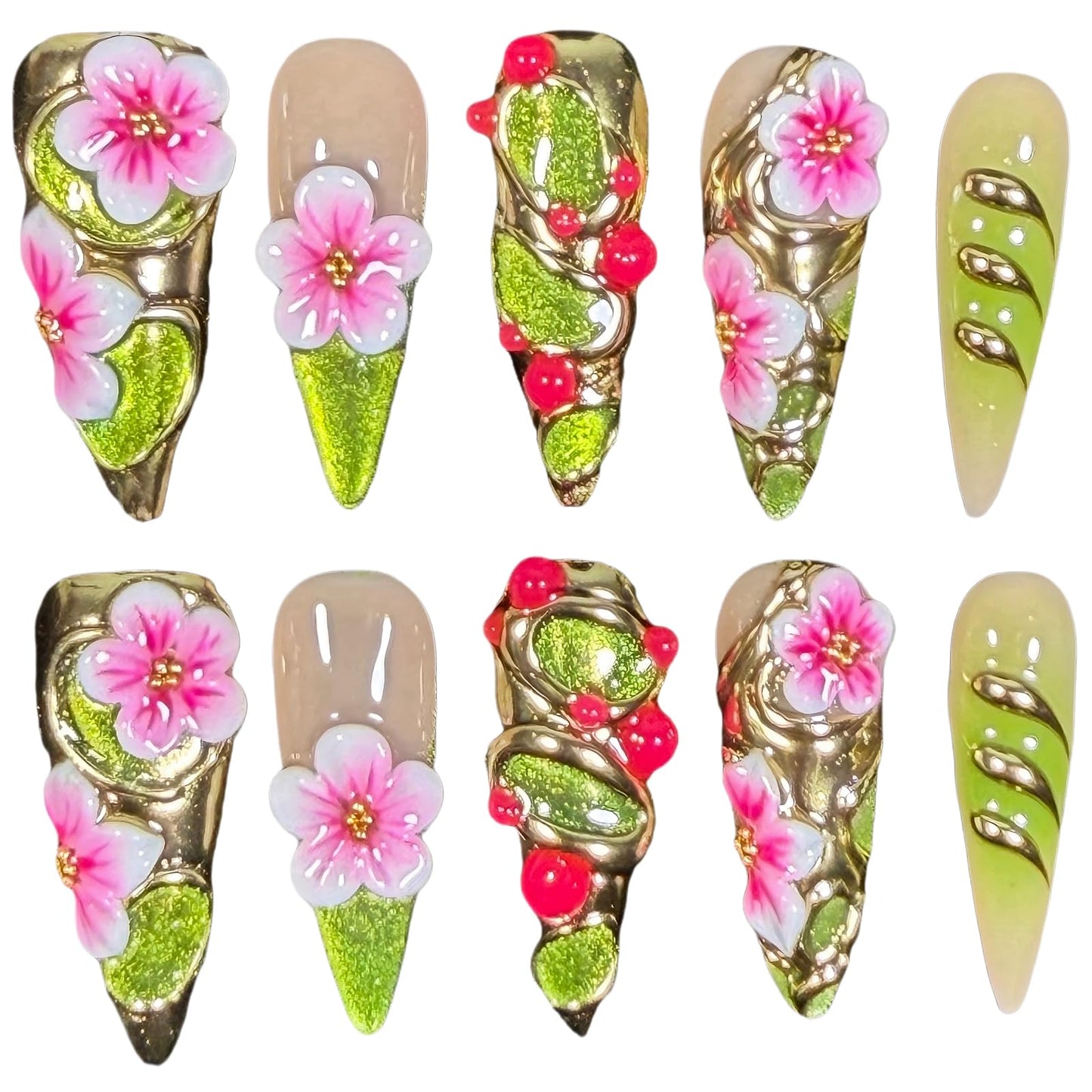 Handmade Luxury Floral Press On Nails, Long Stiletto 3D Pink Petals & Emerald Green Glitter Ombre, Gold Foil Acrylic Reusable False Nails Elven Forest (M)