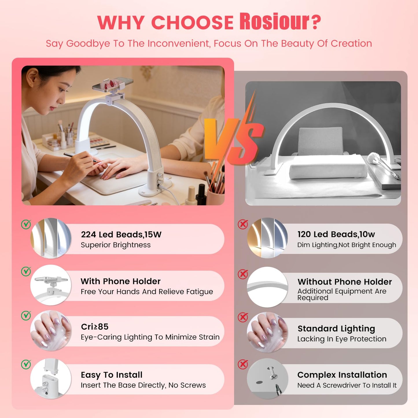 Rosiour Half Moon Light for Nail Desk: 18.5" Half Moon Nail Tech Light with Phone Holder -Shadow-Free Arch Nail Table Lamp with with 3 Color Modes & 10 Brightness for Manicure Salon (White, 18inch)