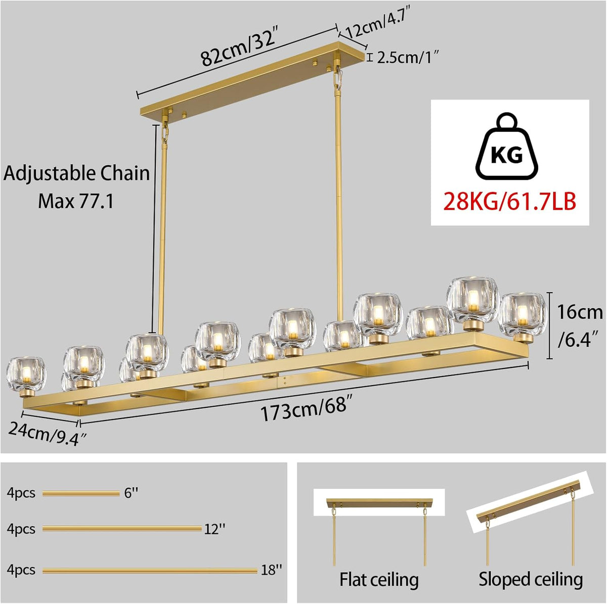 72 Inch Brass Rectangle Wagon Wheel Chandeliers, Gold Chandelier for Dining Room Over Table, Modern Crystal Long Chandelier for High Ceiling, Farmhouse Large Linear Chandeliers for Kitchen Island