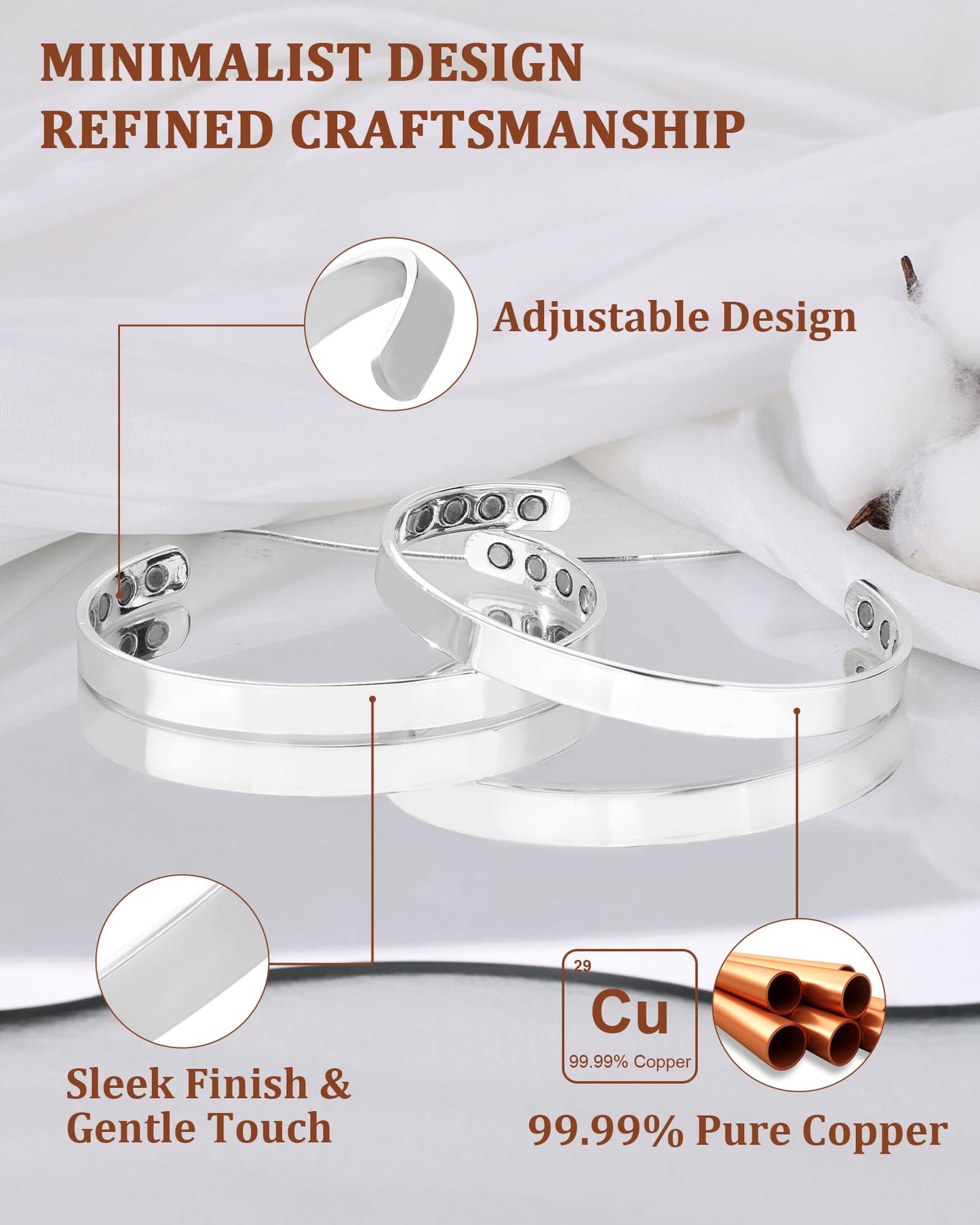 BioMag 2 Pcs Copper Bracelets for Women Men, 99.99% Pure Copper Cuff Bangle with 8 Pcs 3500 Gauss Magnets, Adjustable Size, Simple and Stylish Design