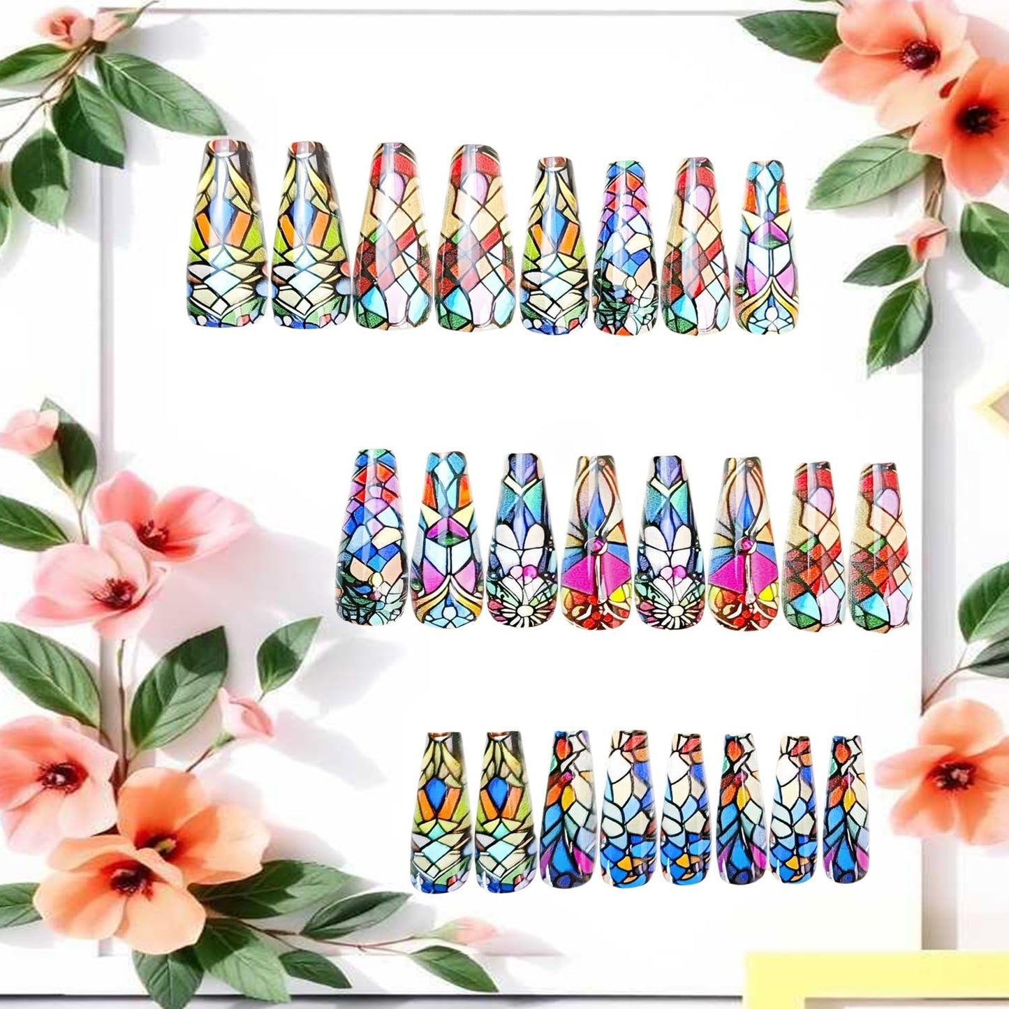 CJDLTS Colorful Geometry Press on Nails Long Ballet Shaped Full Cover Glossy Acrylic Press Ons Fake Nail Ballet Artificial Stick on Nail DIY Reusable Glue on Nails for Women 24Pcs