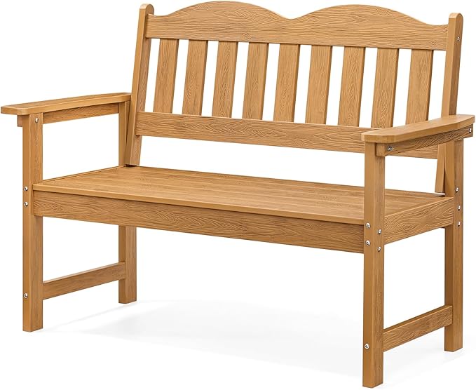 ONBRILL Outdoor Bench, 2-Person Poly Lumber Garden Bench with 800 lbs Weight Capacity, All-Weather Patio Bench with Armrests and Backrest for Garden, Porch, Backyard and Park, Teak