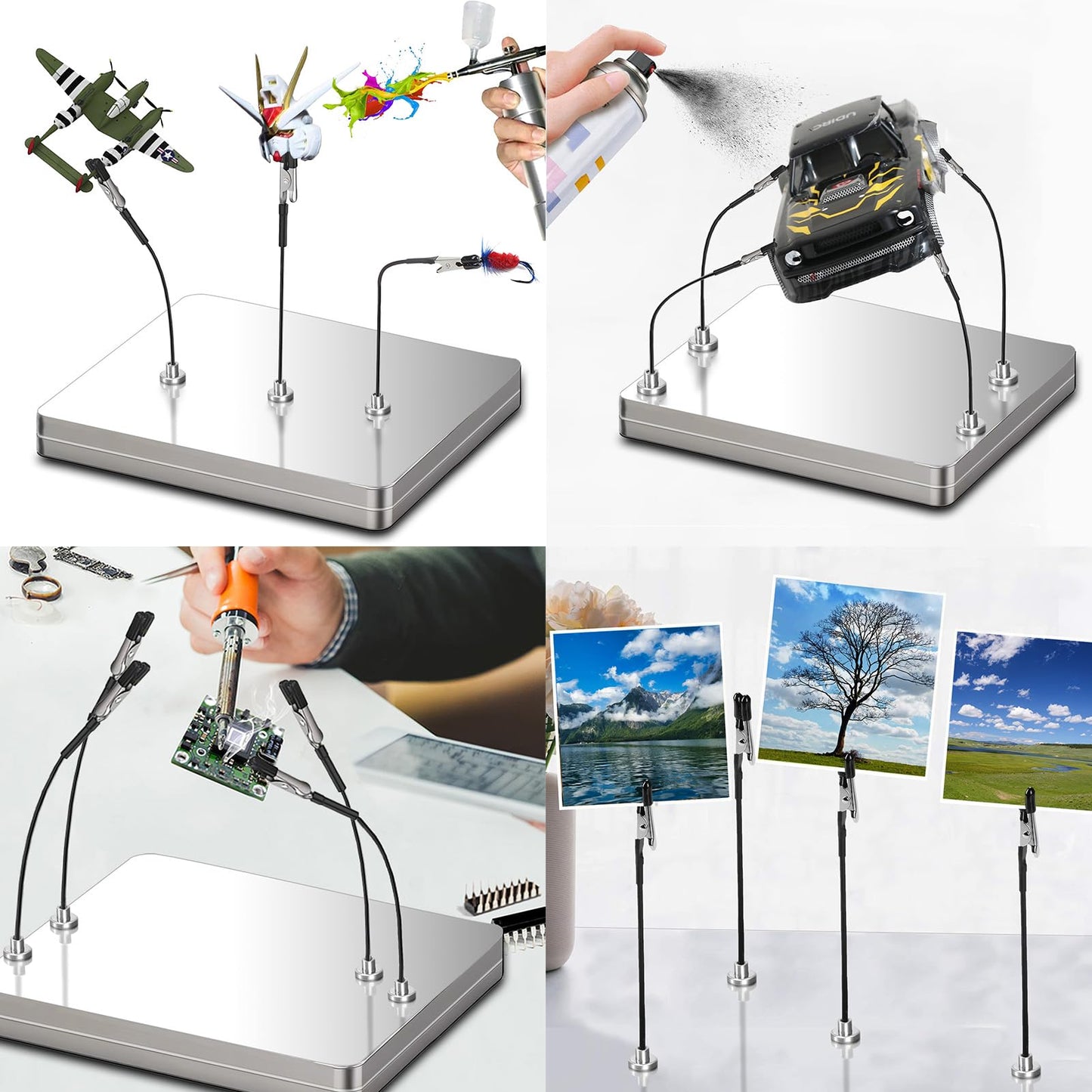 Magnetic Helping Hands for Soldering - All-in-One Station with 12 Flexible Clips, Steel Box & Brush - Ideal for Soldering, Model Painting, PCB Holder (Silver)