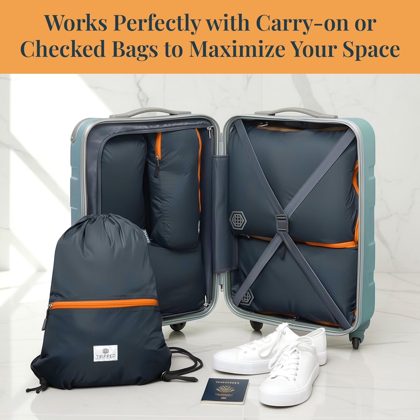 Compression Packing Cubes for Travel – 6 Piece Luggage Organizer Set with Lightweight Laundry Bag/Backpack – Travel Essentials for Carry-On Suitcase or Checked Luggage (Grey/Orange)