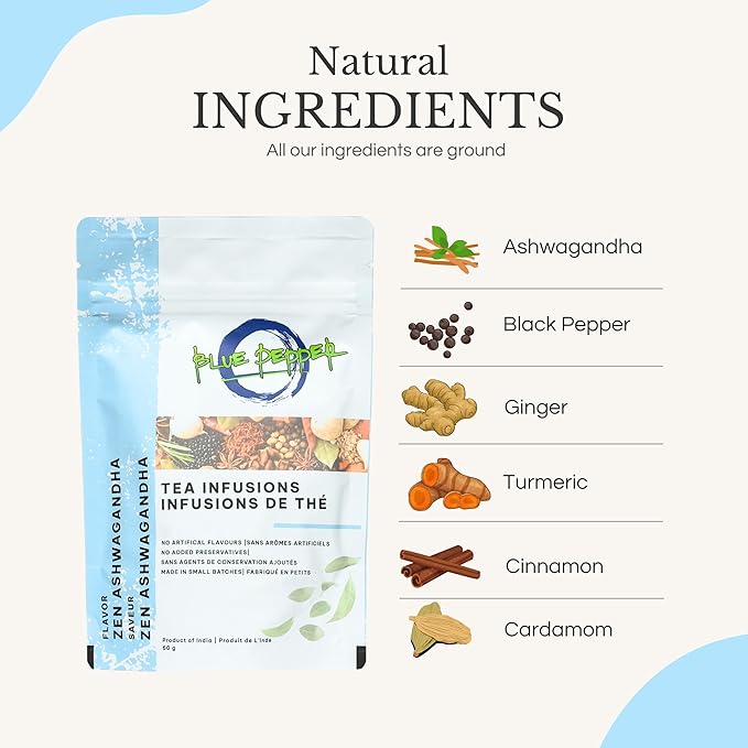 Blue Pepper Zen Ashwagandha Tea Infusion Blend - 60g | All-Natural, No Preservatives | Small Batch Crafted | Caffeine Free