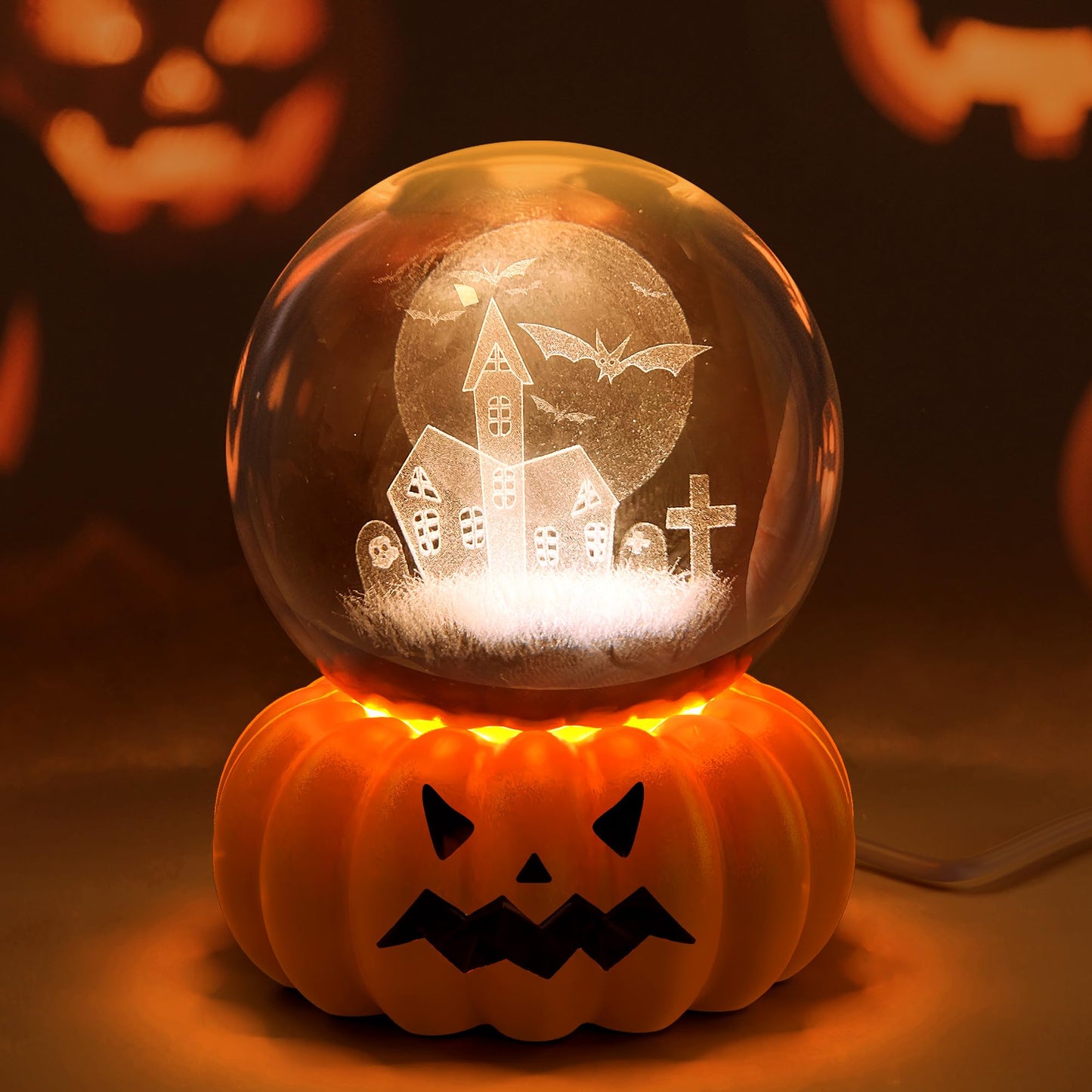 Briignite LED 3D Crystal Ball Night with Pumpkin Switch Light Base, Funny Halloween 3000K Warm Night Light for Kids Room Holiday Party Decor and Gift