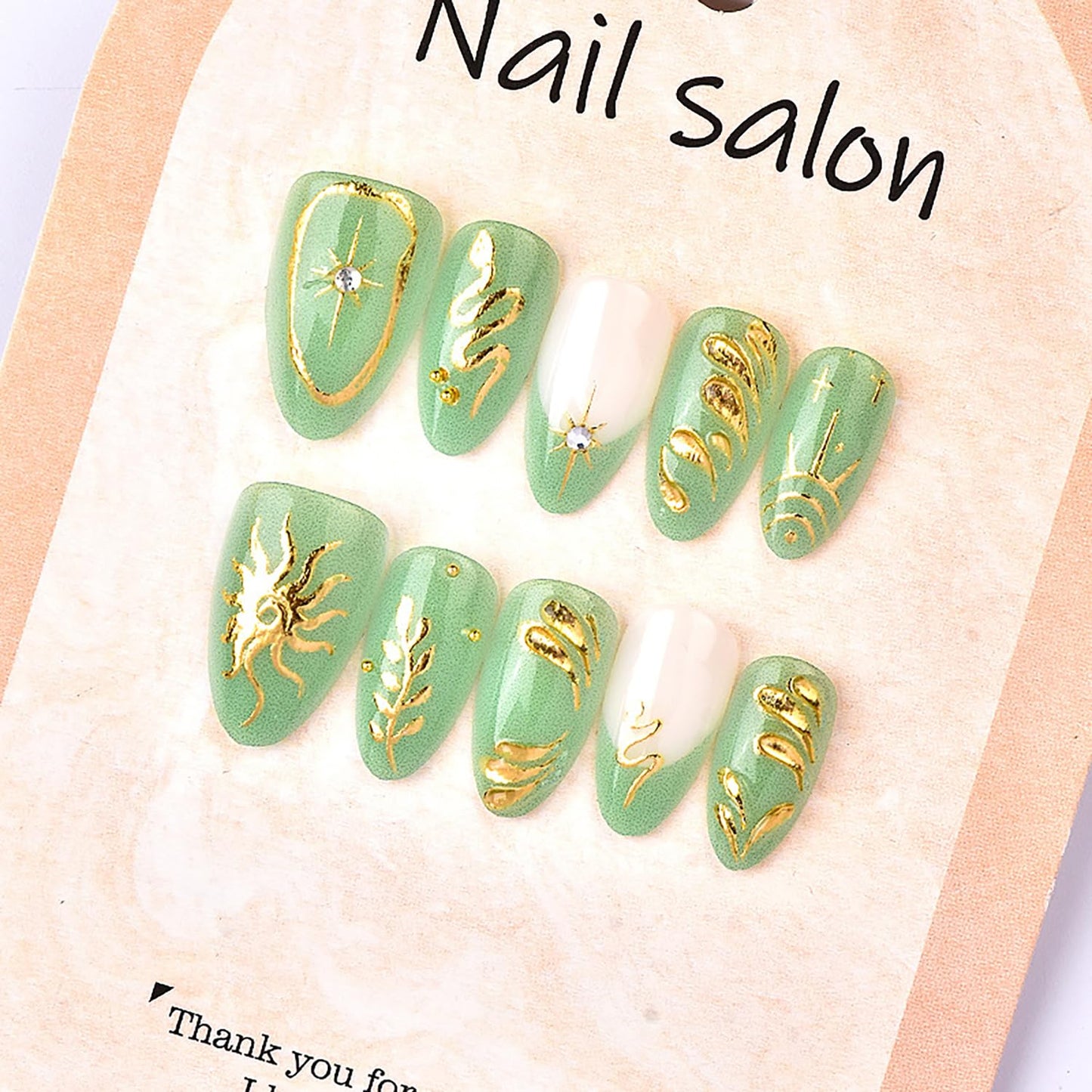 30pcs Green Press on Nails Medium Almond Fake Nails Gold Snake Leaves Star False Nails with 3d Rhinestones Designs Glue on Nails Green French Tip Full Cover Artificial Stick on Nail Decor for Women