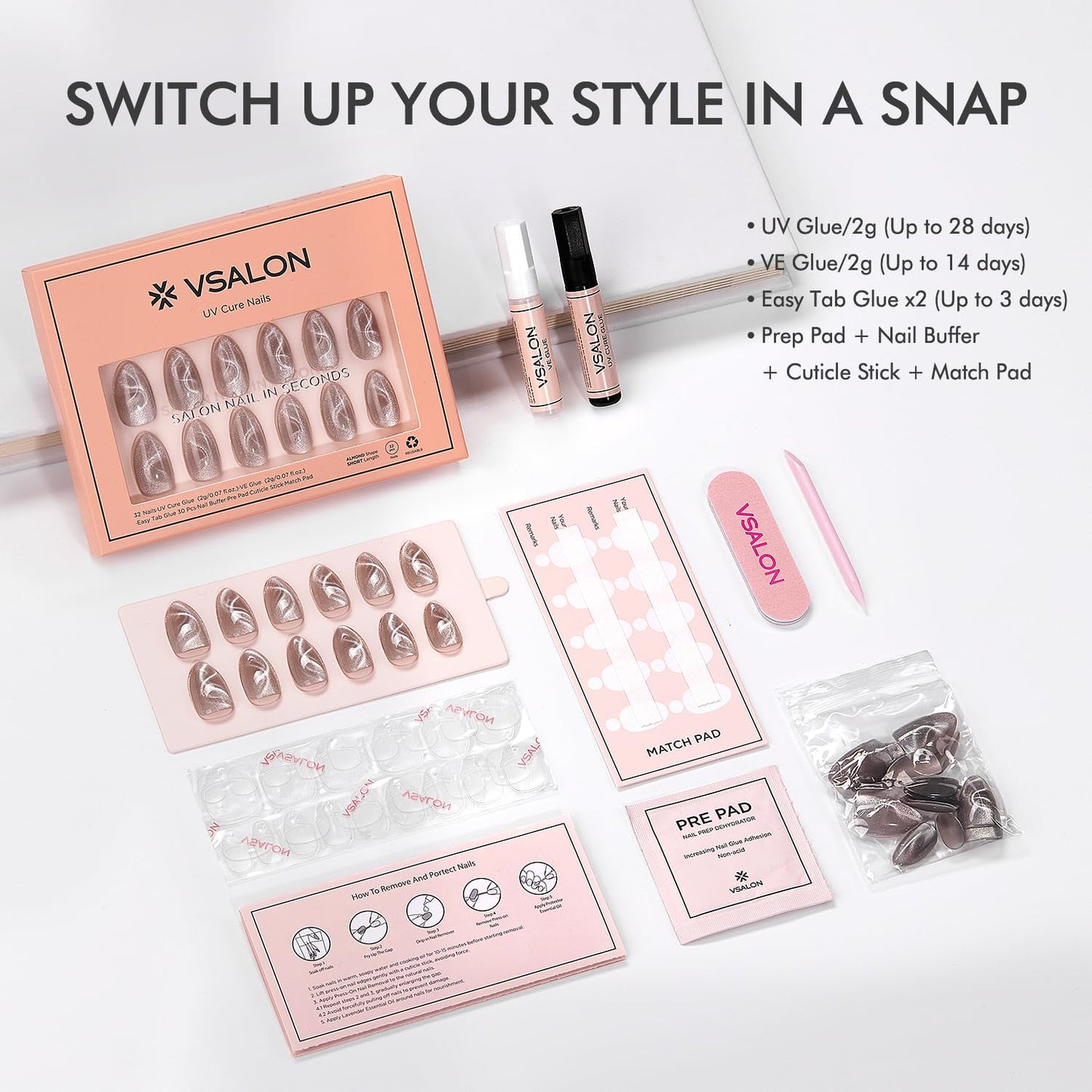 VSALON Press On Nails Short Almond, Nude Pink Cat Eye & Ribbon Cat Eye Silver Fake Press On Nails Set