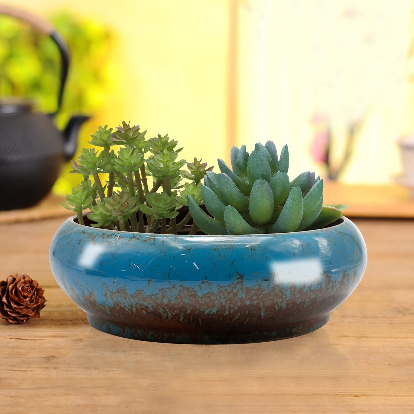 CADUFUELLY 7.3inch * 2.3inch, kiln Transformation Process, Round Ceramic Flower Pot with Drain Hole, Potted Landscape Flower Pot, Garden Decoration Cactus Bracket Flower Container (Blue)