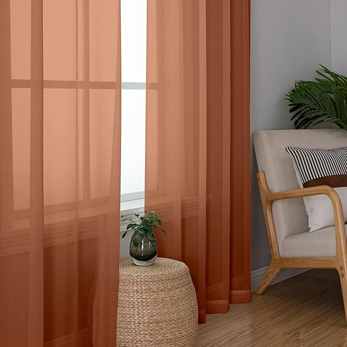 Simplebrand Orange Short Sheer Curtains 45 Inch Length for Small Windows, Rod Pocket 2 Panels Set Solid Voile Drapes Window Sheer Curtains for Bedroom Bathroom Kids Room Kitchen, 42x45 Inch, 2pcs