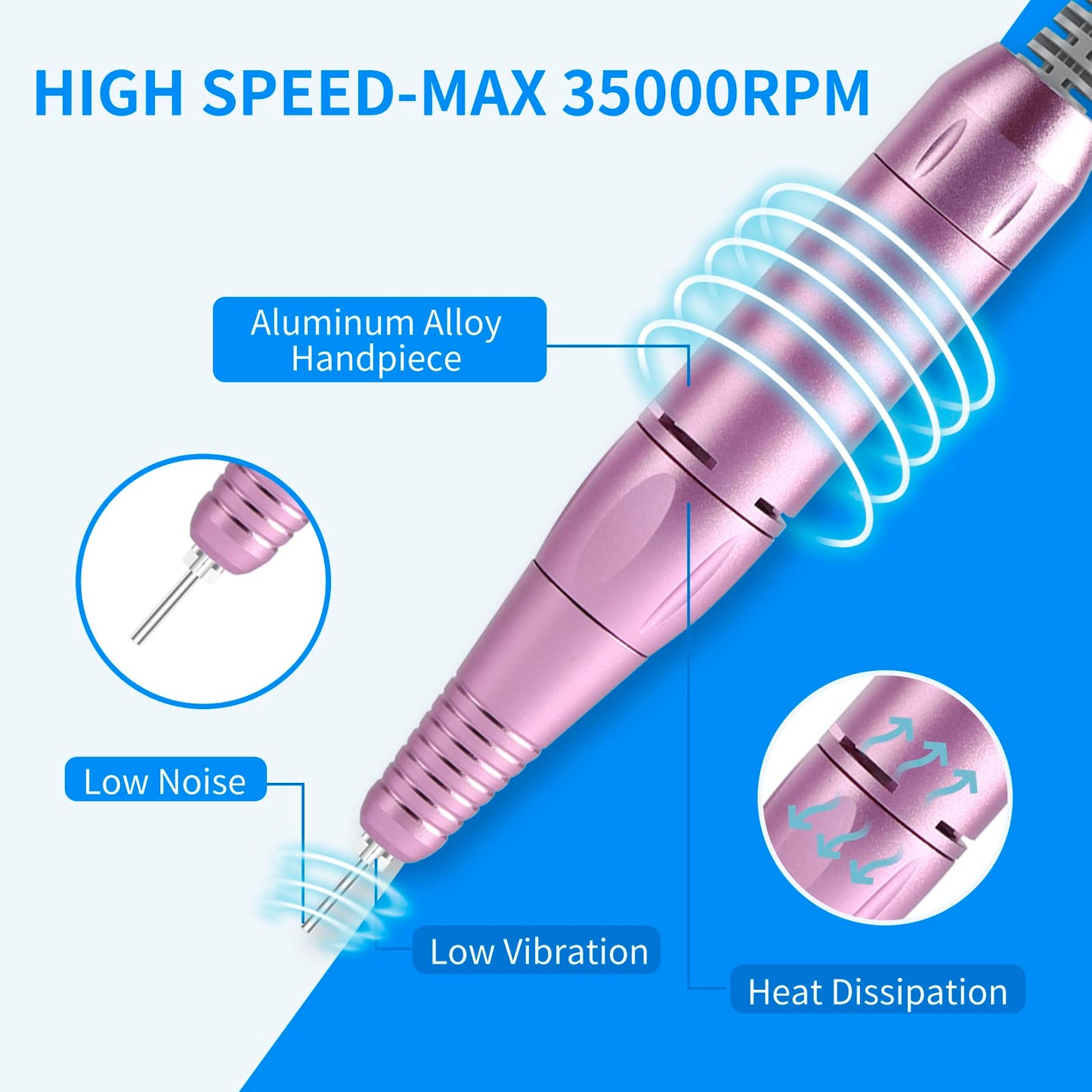 Portable Nail Drill Professional 35000 RPM, MOCOWIND Rechargeable Electric Nail File Machine for Acrylic Gel Polishing Removing, Cordless E-File with Bits Kit for Manicure Salon Home, Blue & Purple