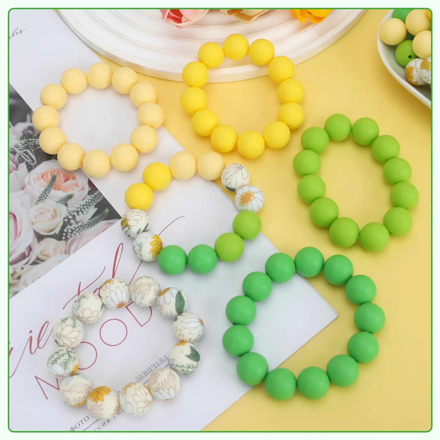 SALUOKE 100 Pcs 15mm Silicone Beads for Keychain Making, Pink Gream Silicone Beads Bulk Round for Bracelets Pens Crafts Jewelry Making (Green Yellow)