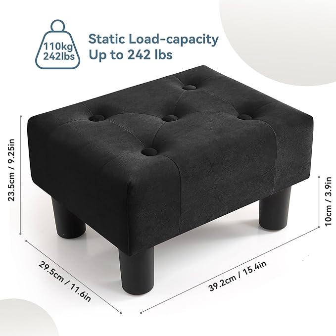Poofzy Small Foot Stool Ottoman, Velvet Ottoman Foot Rest with Legs, Rectangle Foot Rest for Couch, Footstools and Ottomans Small for Living Room and Entryway (Black)
