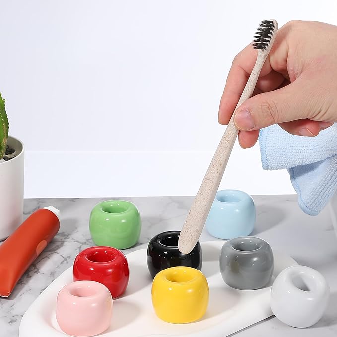 uxcell 2 Pcs Mini Ceramics Toothbrush Holder Stands, Sleek Mini Countertop Toothbrush Round Shape Ceramic Holder Stand for Bathroom Vanity Countertops, White