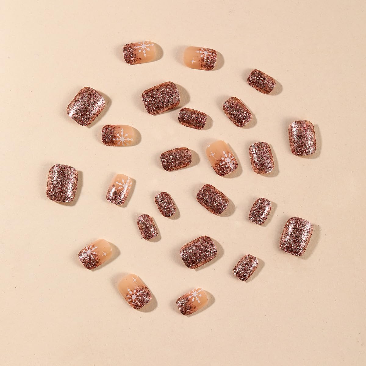 24Pcs Christmas Short Press on Nails Champagne Square Fake Nails with Snowflake Designs Winter Nail Press ons Xmas Full Cover Glue on Nails Artificial Acrylic False Nail for Women Holiday Kit