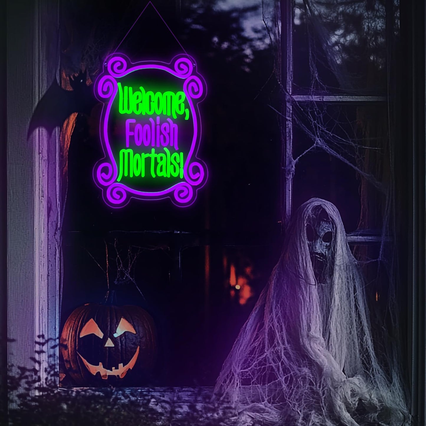 Welcome Foolish Mortals Neon Sign, Haunted Mansion Decor, Halloween Neon Signs for Wall Decor, Dimmable LED Spooky Gothic Coffin Neon Signs, Haunted Mansion Neon Sign for Halloween Party Man Cave