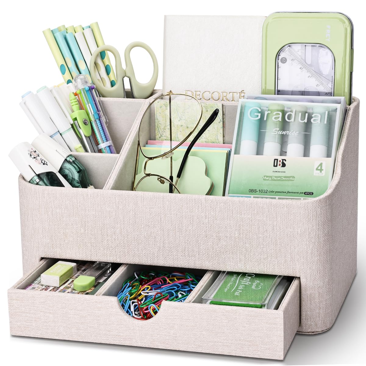 KINGFOM PU Leather Desk Organizer with Drawer, 5 Compartments Desktop Storage Caddy for Office & Home Supplies, Pen Holder for Remote Control, Phone & Accessories, Mail Organizer Countertop(Beige)