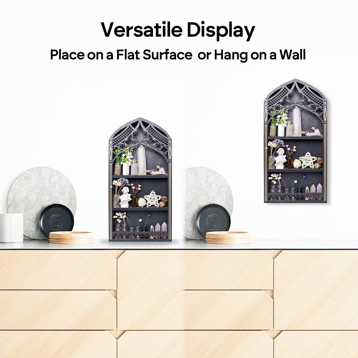 Gothic Window Crystal Shelf Display for Wall, Wooden Gem Stone Rock Storage Holder Trinkets Organizer, Wall Mount Stand Case Box for Witch Wiccan Decor, Spiritual Gift for Home Bedroom Living Room