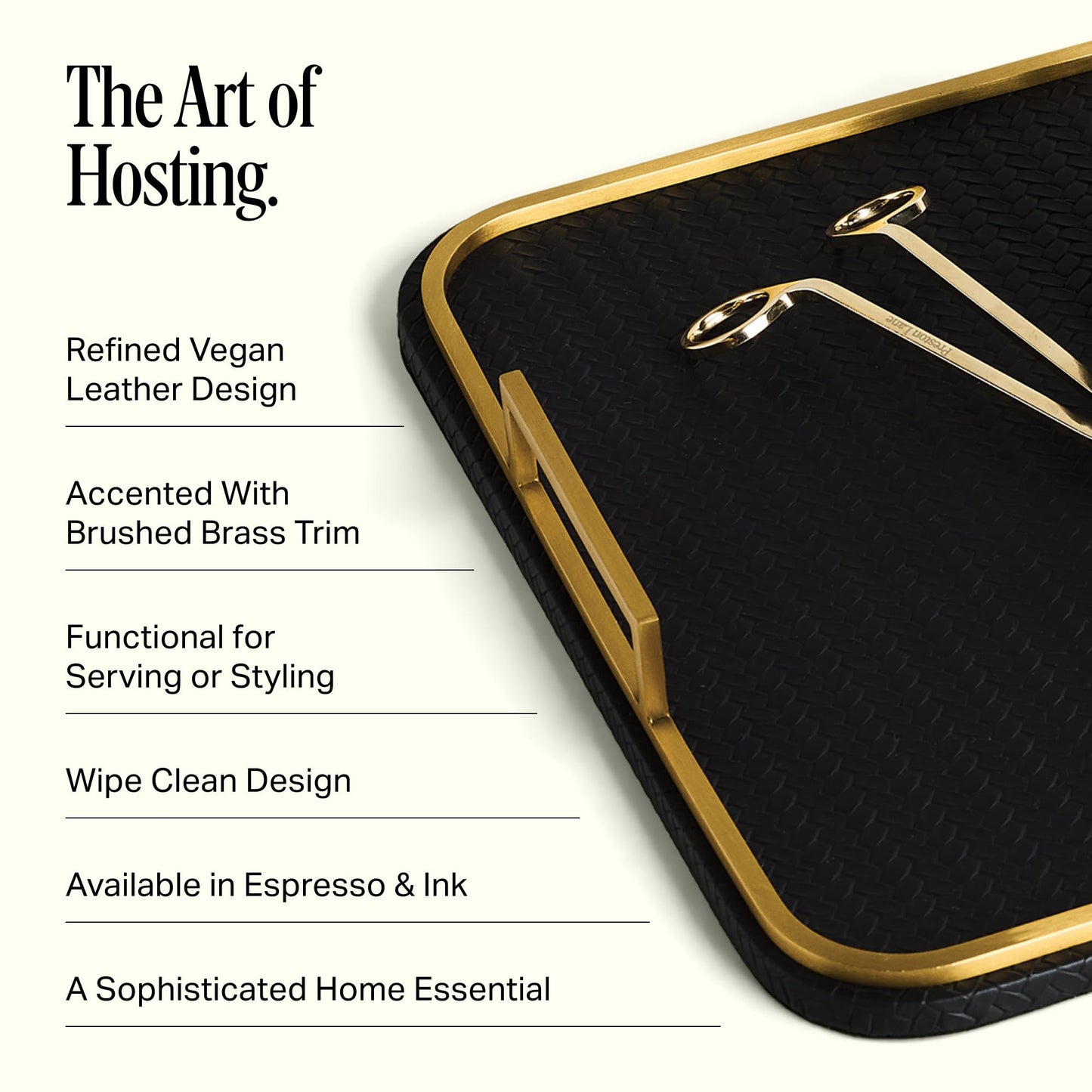 Preston Lane Mayfair Decorative Tray – Vegan Leather with Woven Texture, Brushed Brass Handles – Serving, Dresser & Coffee Table Tray, Ink 12.8 x 12.8 x 1