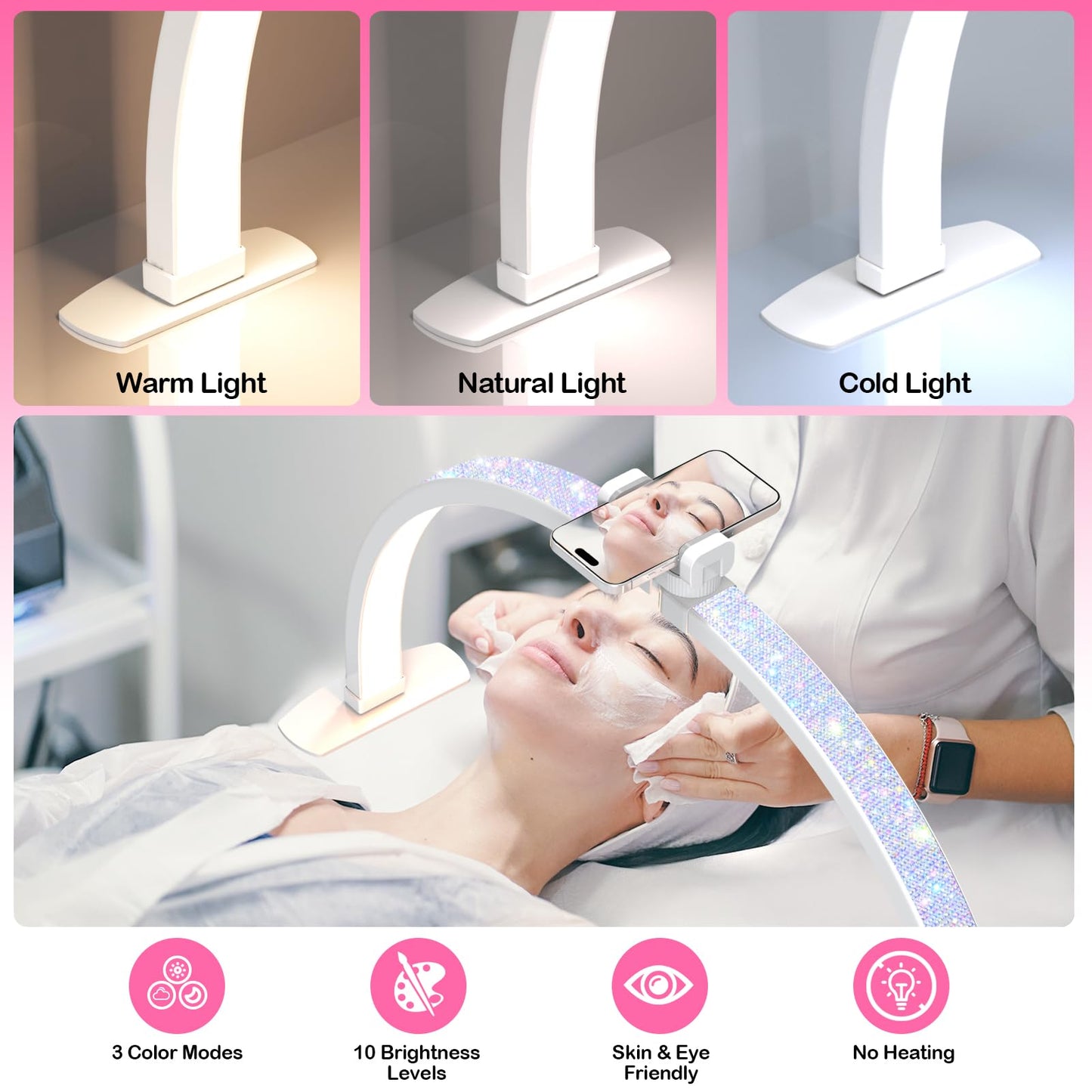 SLYFTE Professional Large Half Moon Light for Nail Desk with Phone Holder, Arch Light for Nail Techs for Manicure Table (Pink, Large)